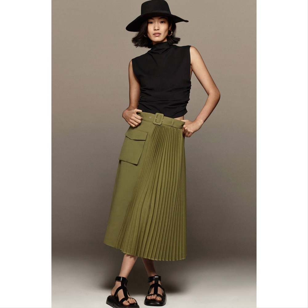 NWT Mare Mare x Anthropologie Olive Green Pleated Cargo Midi Skirt No Belt XXS